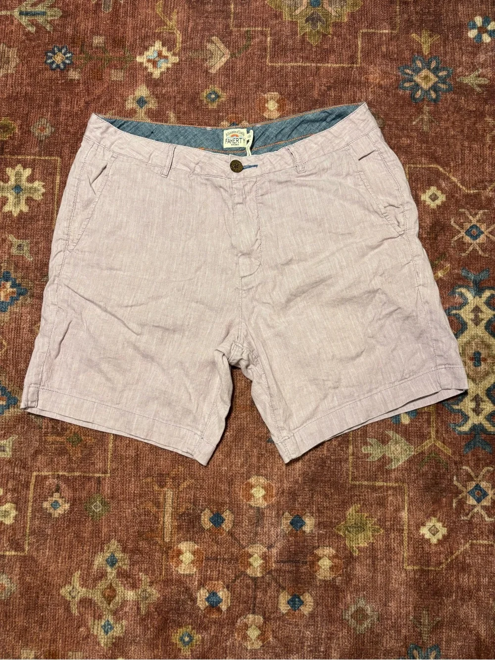 Faherty Men's Pink cotton 6 in Chino Shorts Chambray Flat Front Slash Pockets